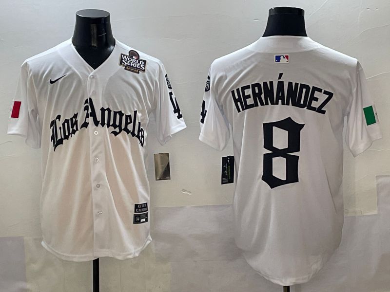 Men Los Angeles Dodgers #8 Hernandez White Five generations Joint Name 2025 Nike MLB Jersey style 7